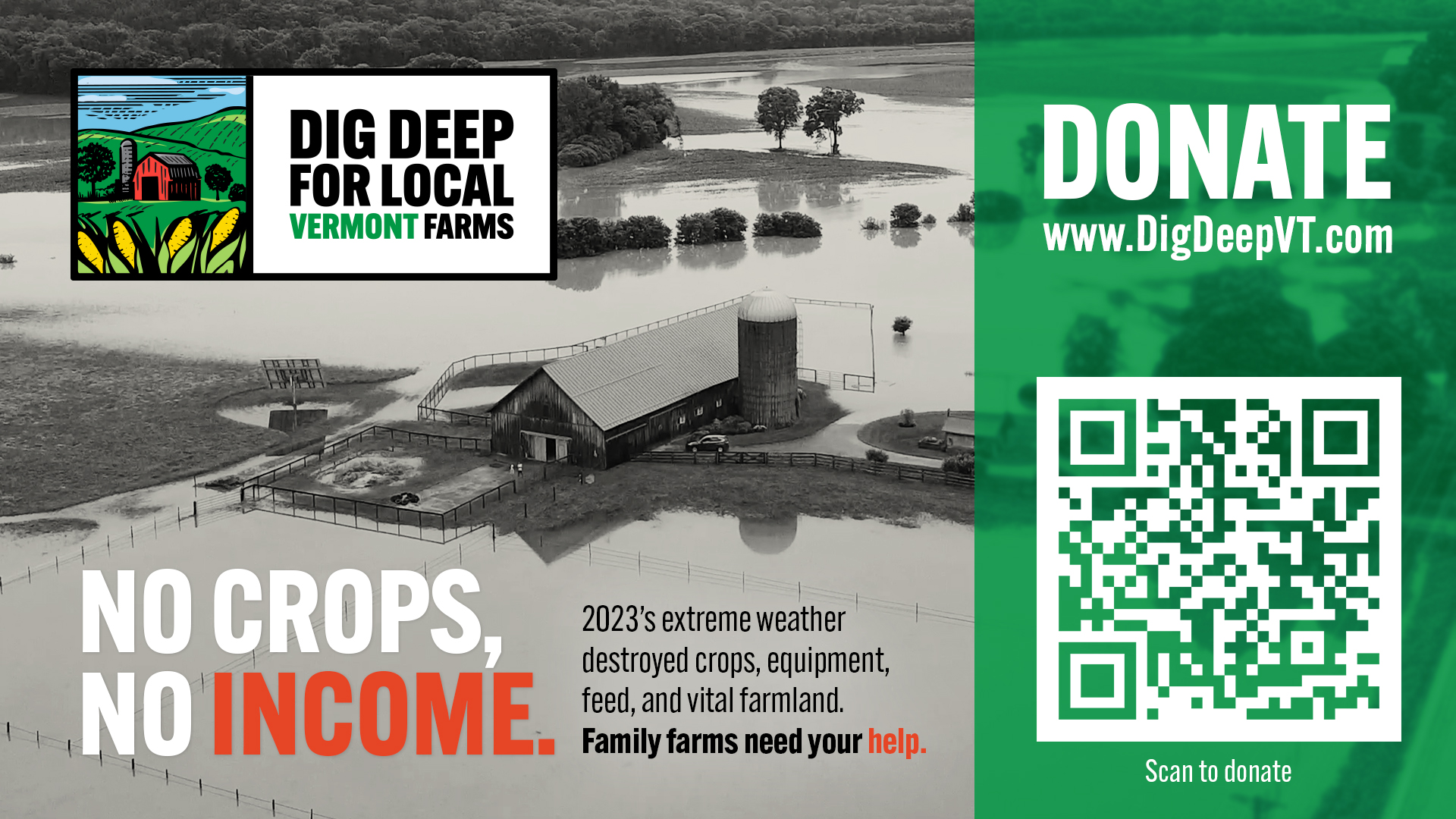 banner ad for Dig Deep for Local Vermont Farms, encouraging you to donate to Vermont Farms that were impacted by the flooding in 2023. Donate at digdeepvt.com